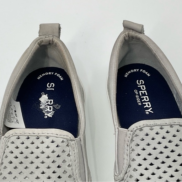 Sperry Crest Gray Leather Loafers Cut Out Scalloped Design Slip On Size 7 Flats - Picture 14 of 16